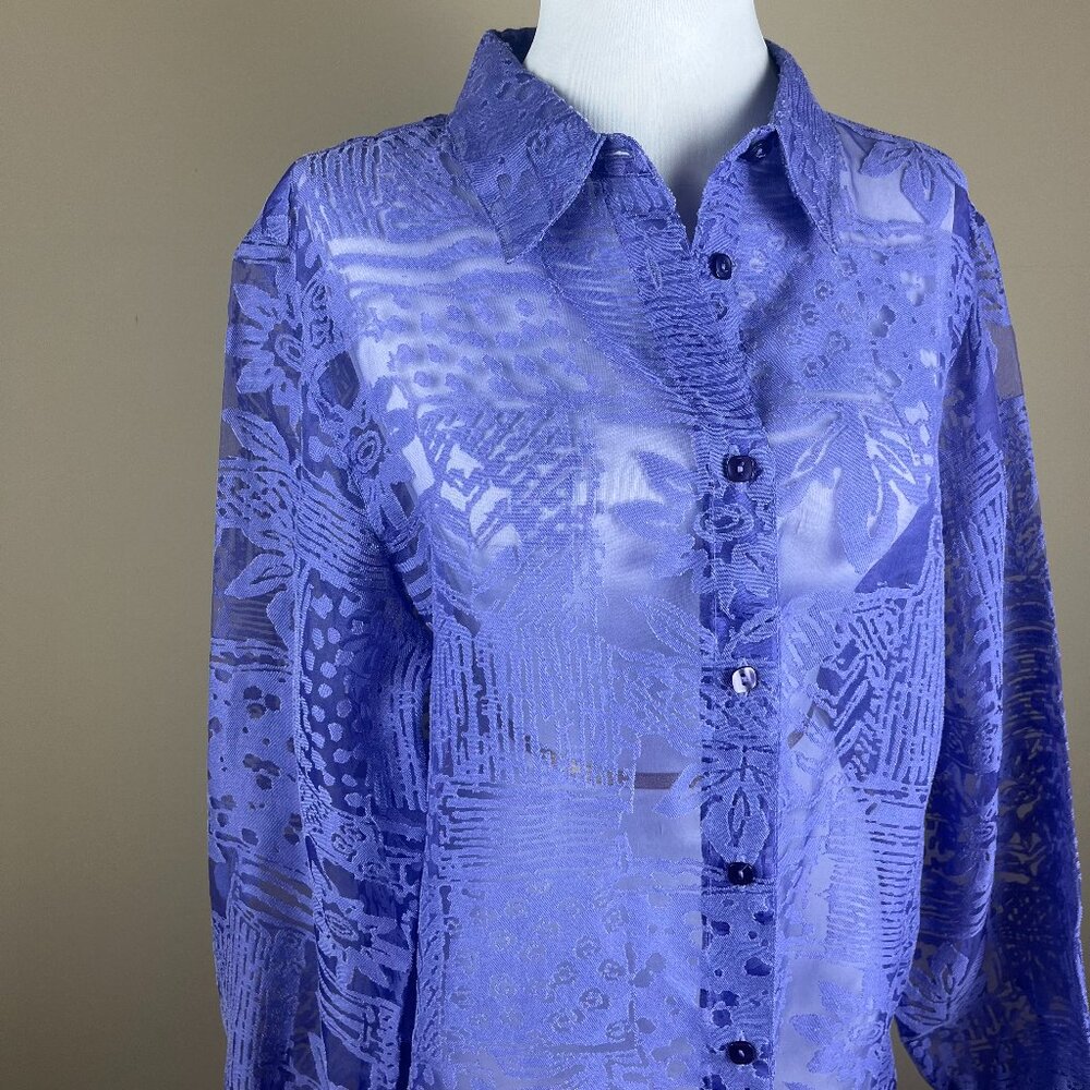 Coldwater Creek Long Sleeve Tunic Blouse Size M Purple Decorative Embedded Print